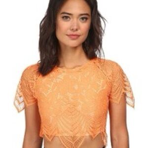 For Love And Lemons Luma Crop Top in tropical Vibrant Orange Lace. Large